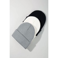 ( 3 Adet ) Unisex Katlamalı Bere Seti, Siyah - Beyaz - Gri Renk Bere Seti