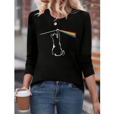 Kadın Uzun Kollu Bisiklet Yaka Baskılı Iki Iplik Bluz