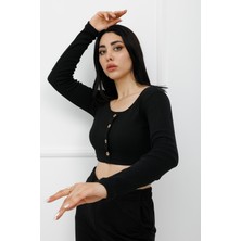 Nateli Sahte Düğmeli Mini Crop Bady Siyah - P-020494
