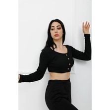 Nateli Sahte Düğmeli Mini Crop Bady Siyah - P-020494