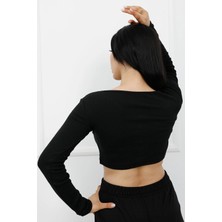 Nateli Sahte Düğmeli Mini Crop Bady Siyah - P-020494