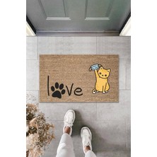 Miraxx Dijital Baskı Patili Love Yazılı Maskeli Kedi Dekoratif Kapı Paspası K 2010