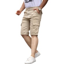 Domoda Slim Fit Erkek Kargo Şort Yandan Cepli Krem Renkli Esnek Kumaş Düz Desenli