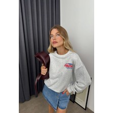 Gri Melanj Paris Baskılı Oversize Sweatshirt