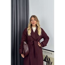 Bordo Kruvaze Astarlı Kuşaklı Düğmeli Oversize Yün Kaban