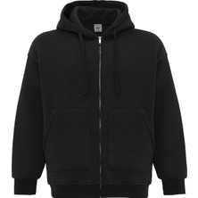 Basıc Fermuarlı Oversıze Kapüşonlu Sweatshırt Siyah