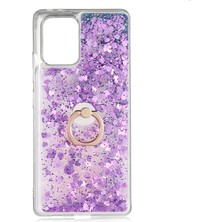 ekılıf - Samsung Galaxy A91 (S10 Lite) - Kılıf Yüzüklü Simli Sıvılı Milce Kapak - Mor - T14328