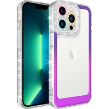 noktaks - Apple iPhone 14 Pro Max - Kılıf Simli ve Renk Geçiş Tasarımlı Lens Korumalı Park Kapak - Pembe-Mavi