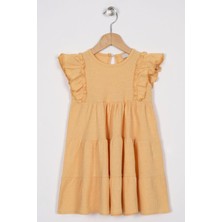 Kolları Fırfırlı Hardal Renk Kız Çocuk Waffle Elbise