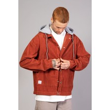 Erkek Kiremit Çıkarılabilir Kapüşonlu Oversize Pamuklu Kadife Ceket