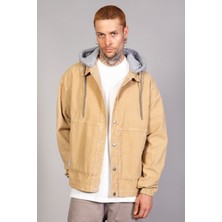 Erkek Bej Çıkarılabilir Kapüşonlu Oversize Pamuklu Kadife Ceket