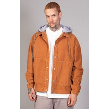 Erkek Camel Çıkarılabilir Kapüşonlu Oversize Pamuklu Kadife Ceket
