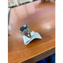 Motifli Siyah Taşlı Gümüş Erkek Yüzük