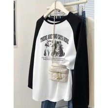 Touz Moda Vintage Reglan Uzun Kollu Sevimli Kedi Baskılı Beyaz T-Shirt