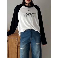 Touz Moda Tokio Hotel Reglan Uzun Kollu Baskılı Beyaz T-Shirt