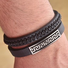 İdol Avm Labirent Erkek Deri Bileklik Siyah Kombin Takı Aksesuar