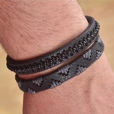 İdol Avm Ip Desenli Erkek Deri Bileklik Siyah Kombin Takı Aksesuar