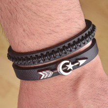 İdol Avm Ok Ay Yıldız Erkek Deri Bileklik Siyah Kombin Takı Aksesuar