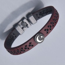 İdol Avm Bordo Ay Yıldız Erkek Deri Bileklik Takı Aksesuar B24 T5