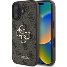 Guess iPhone 16 Uyumlu Kılıf Guess Lisanslı Pu Deri 4g Desenli Metal Büyük 4g ve Yazı Logolu Kahverengi