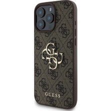 Guess iPhone 16 Pro Kılıf Guess Orjinal Lisanslı Pu Deri 4g Desen Metal Büyük 4g ve Yazı Logolu Kahverengi