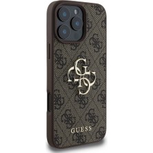 Guess iPhone 16 Pro Kılıf Guess Orjinal Lisanslı Pu Deri 4g Desen Metal Büyük 4g ve Yazı Logolu Kahverengi