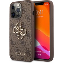 Guess iPhone 13 Pro Max Kılıf Guess Lisanslı Pu Deri 4g Desenli Metal Büyük 4g ve Yazı Logolu Kahverengi