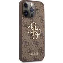 Guess iPhone 13 Pro Max Kılıf Guess Lisanslı Pu Deri 4g Desenli Metal Büyük 4g ve Yazı Logolu Kahverengi