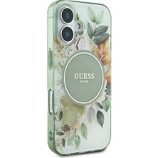 Guess iPhone 16 Kılıf Guess Lisanslı Magsafe Özellikli Iml Baskılı Yazı Logolu Flower Tonal Circle Yeşil