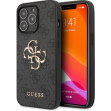 Guess iPhone 13 Pro Max Kılıf Guess Orjinal Lisanslı Pu Deri 4g Desenli Metal Büyük 4g ve Yazı Logolu Gri