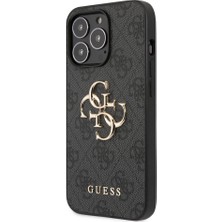 Guess iPhone 13 Pro Max Kılıf Guess Orjinal Lisanslı Pu Deri 4g Desenli Metal Büyük 4g ve Yazı Logolu Gri