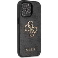 Guess iPhone 13 Pro Max Kılıf Guess Orjinal Lisanslı Pu Deri 4g Desenli Metal Büyük 4g ve Yazı Logolu Gri