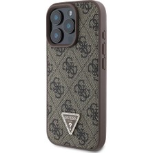 Guess iPhone 16 Pro Max Kılıf Guess Lisanslı Pu Deri Taşlı Metal Üçgen Logo Vücut Askı 4g Desen Kahverengi