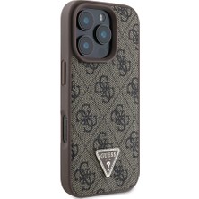 Guess iPhone 16 Pro Max Kılıf Guess Lisanslı Pu Deri Taşlı Metal Üçgen Logo Vücut Askı 4g Desen Kahverengi