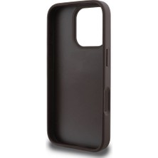 Guess iPhone 16 Pro Max Kılıf Guess Lisanslı Pu Deri Taşlı Metal Üçgen Logo Vücut Askı 4g Desen Kahverengi