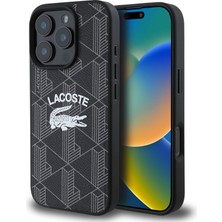 Lacoste iPhone 16 Pro Uyumlu Kılıf Lacoste Orjinal Lisanslı Magsafe Şarj Özellikli Mono Vintage Logo Siyah