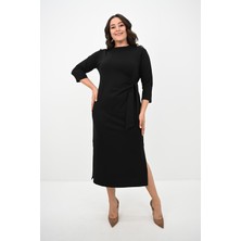 Moda Xlarge Kadın Büyük Beden Bel Bağlama Detaylı Siyah Elbise 5274-25 Şık ve Rahat Stil