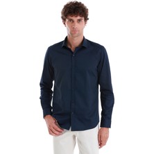 Lacivert Slim Fit Düz 100% Pamuk Açık Italyan Yaka Uzun Kollu Saten Gömlek