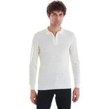 Ekru Regular Fit Jakarlı Polo Yaka Yünlü Triko Kazak