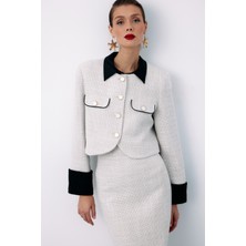 Kontrast Kısa Tüvit Ceket - Taş