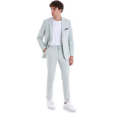Mavi Slim Fit Düz Mono Yaka Keten Takım Elbise