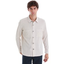 Bej Klasik Fit Çizgili Uzun Kollu Overshirt Gömlek Ceket