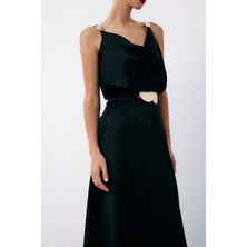 Sateen Kemer Aksesuarlı Kloş Etek - Siyah