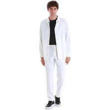 Beyaz Regular Fit Düz Mono Yaka Keten Overshirt Spor Takım