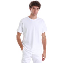 Beyaz Regular Fit Düz Pamuklu Bisiklet Yaka Triko Tişört