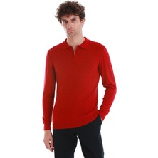 Kırmızı Regular Fit Jakarlı Polo Yaka Yünlü Triko Kazak