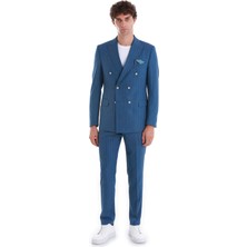 Mavi Slim Fit Çizgili Kruvaze Takım Elbise