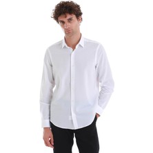 Beyaz Comfort Fit Düz 100% Pamuk Slim Yaka Uzun Kollu Spor Gömlek