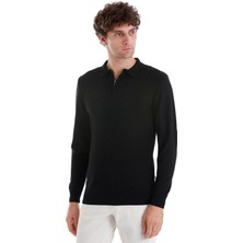 Siyah Regular Fit Jakarlı Polo Yaka Yünlü Triko Kazak