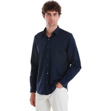 Lacivert Comfort Fit 100% Pamuk Slim Yaka Uzun Kollu Spor Gömlek